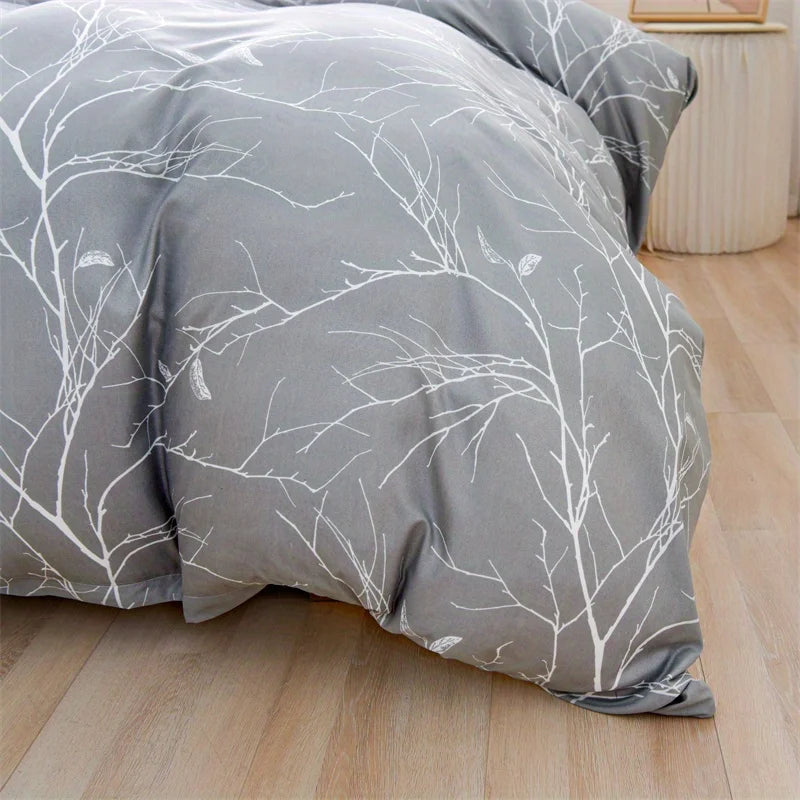 3 peças de cama com impressão geométrica botânica cinza e branca (1 capa de edredão + 2 fronhas) sem núcleo de travesseiro