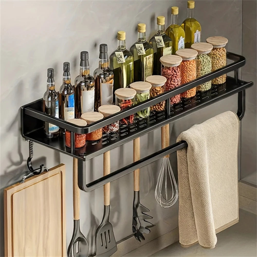 Rack de armazenamento multifuncional com haste, prateleira de temperos, parede, itens de cozinha, 1