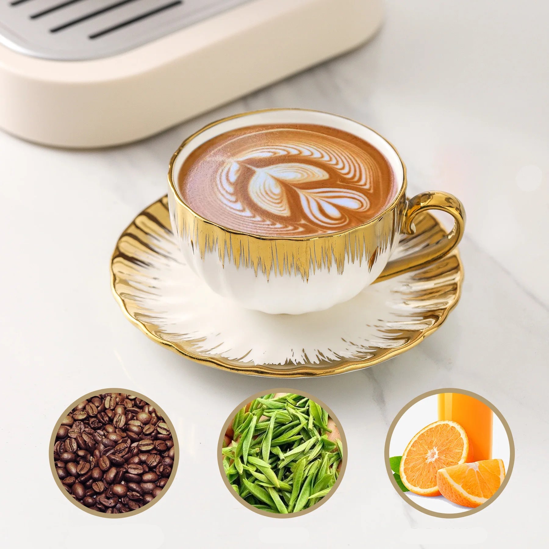 Cappuccino Copos com Pires, Copo de café cerâmico com guarnição dourada, 6 oz para Double Espresso, Latte, Cafe, Mocha, Tea, Conjunto de 6