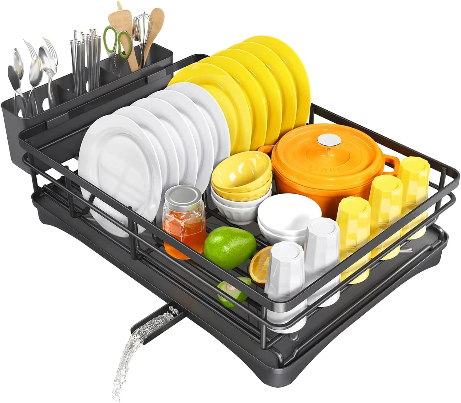 Rack de secagem de prato para balcão de cozinha grande rack de prato com escorredor de prato à prova de ferrugem com suporte de utensílio para pia