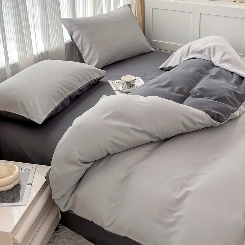 Conjunto de cama de tecido com escova de cor sólida, 2 lados, 4 peças, capa de edredom, fronha, lençol, colcha, único, queen, king size
