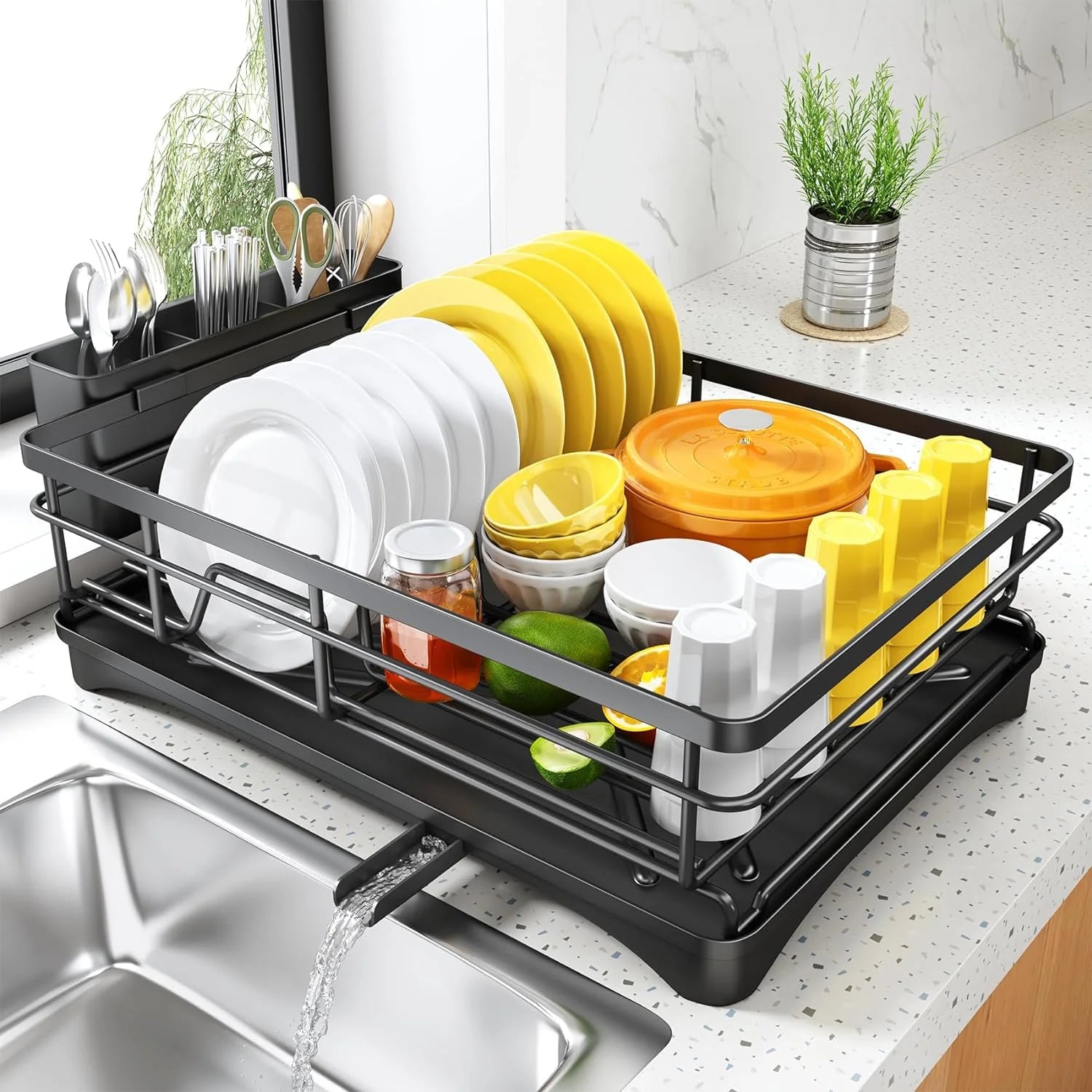 Rack de secagem de prato para balcão de cozinha grande rack de prato com escorredor de prato à prova de ferrugem com suporte de utensílio para pia