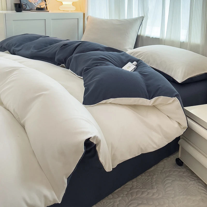 Conjunto de cama de tecido com escova de cor sólida, 2 lados, 4 peças, capa de edredom, fronha, lençol, colcha, único, queen, king size