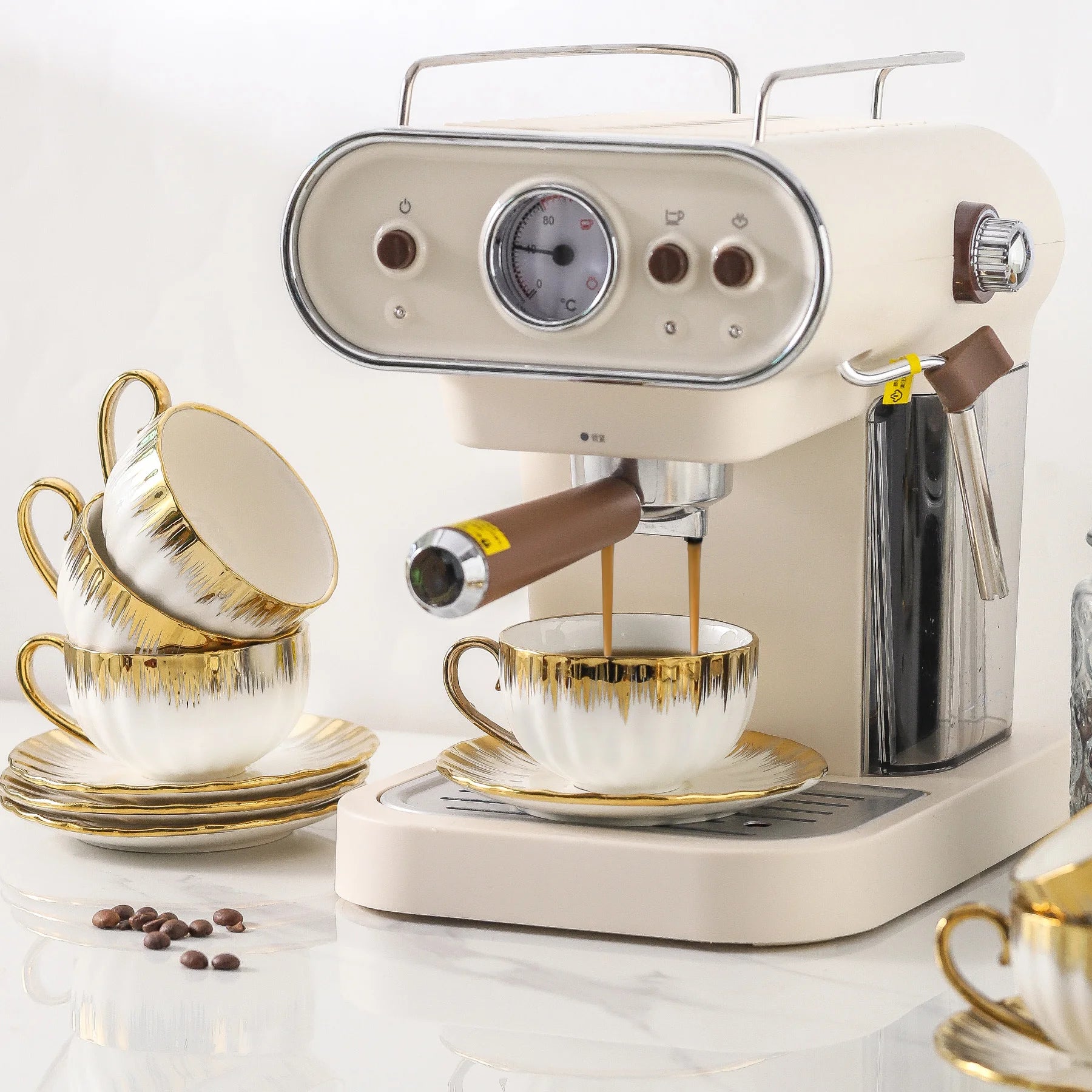 Cappuccino Copos com Pires, Copo de café cerâmico com guarnição dourada, 6 oz para Double Espresso, Latte, Cafe, Mocha, Tea, Conjunto de 6