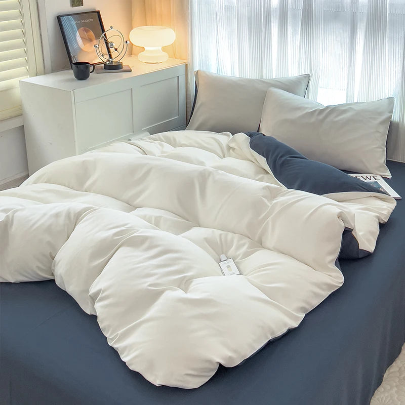 Conjunto de cama de tecido com escova de cor sólida, 2 lados, 4 peças, capa de edredom, fronha, lençol, colcha, único, queen, king size