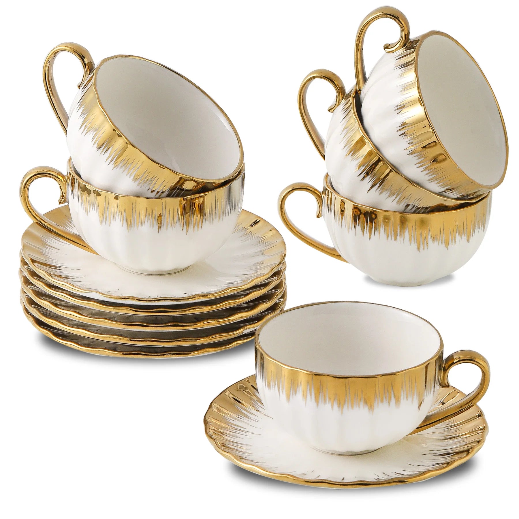 Cappuccino Copos com Pires, Copo de café cerâmico com guarnição dourada, 6 oz para Double Espresso, Latte, Cafe, Mocha, Tea, Conjunto de 6