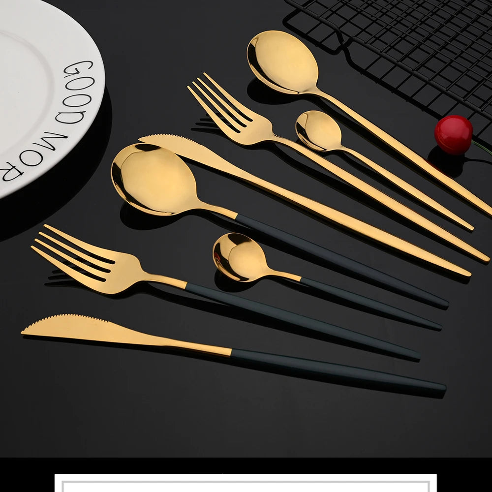 Louça de aço inoxidável, preto, ouro, faca, frutas, garfo, colher, talheres, utensílios de cozinha, talheres, jantar, 30pcs, conjunto