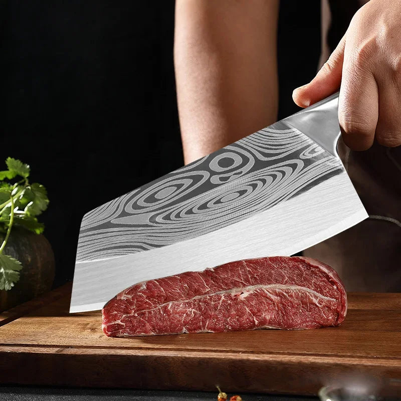 Aço inoxidável Carne Cleaver Slicing Faca, Laser Damasco Padrão, Cortar carne, Chef de cozinha, Faca de açougueiro, Cabo de madeira