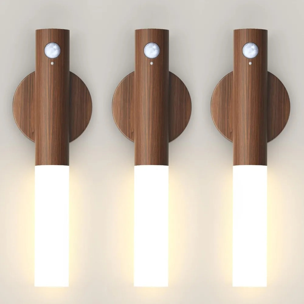 Luz noturna com sensor de movimento, luzes noturnas recarregáveis, arandelas magnéticas, iluminação de parede de madeira para quarto, escada