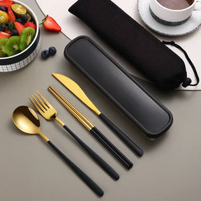 Portátil de aço inoxidável Set Talheres, jantar faca, garfo, colher, pauzinhos, terno com caixa, talheres de viagem, presente, 4 pcs