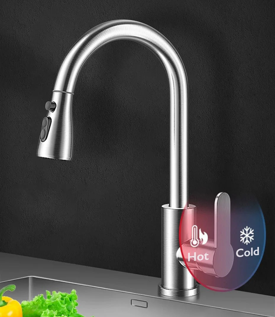 Torneira de pia de cozinha com cabeça de pulverizador, rotação 360, água quente e fria, prata, preto, pull-out, único furo