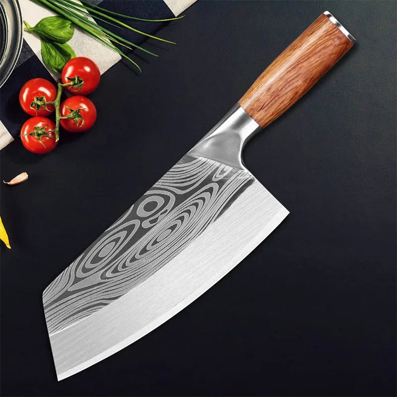Aço inoxidável Carne Cleaver Slicing Faca, Laser Damasco Padrão, Cortar carne, Chef de cozinha, Faca de açougueiro, Cabo de madeira