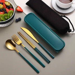 Portátil de aço inoxidável Set Talheres, jantar faca, garfo, colher, pauzinhos, terno com caixa, talheres de viagem, presente, 4 pcs