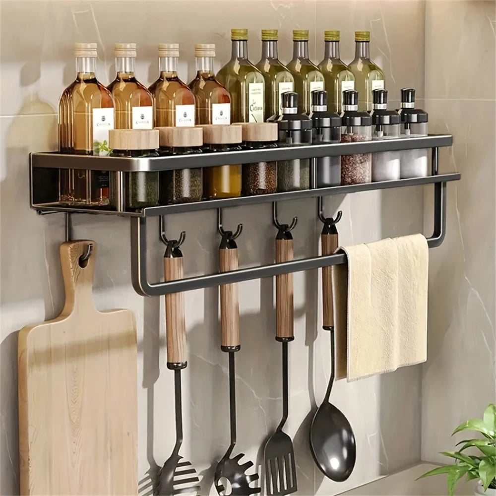 Rack de armazenamento multifuncional com haste, prateleira de temperos, parede, itens de cozinha, 1