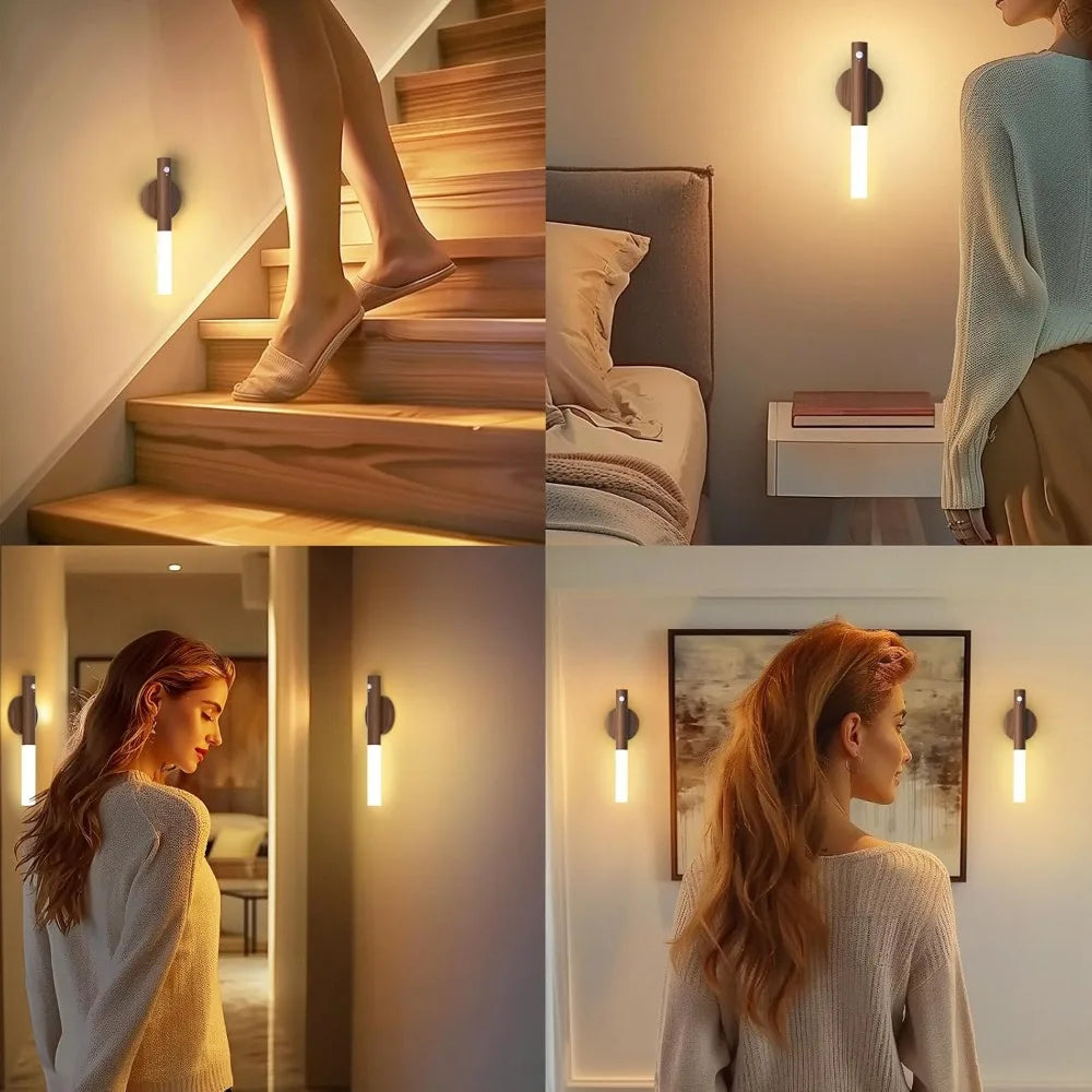 Luz noturna com sensor de movimento, luzes noturnas recarregáveis, arandelas magnéticas, iluminação de parede de madeira para quarto, escada