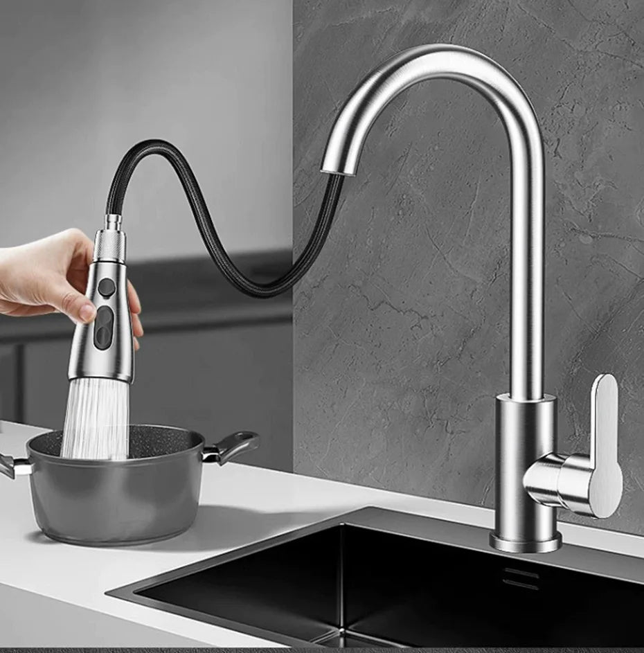 Torneira de pia de cozinha com cabeça de pulverizador, rotação 360, água quente e fria, prata, preto, pull-out, único furo