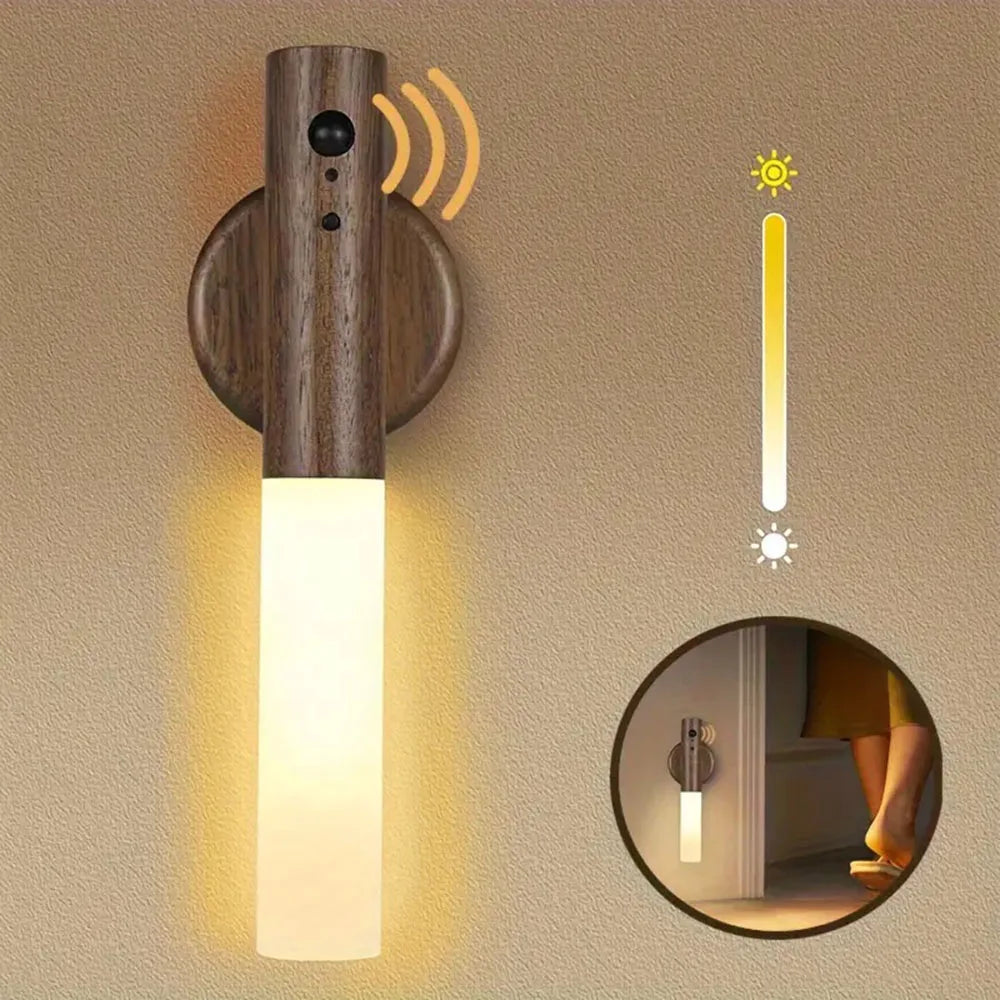 Luz noturna com sensor de movimento, luzes noturnas recarregáveis, arandelas magnéticas, iluminação de parede de madeira para quarto, escada