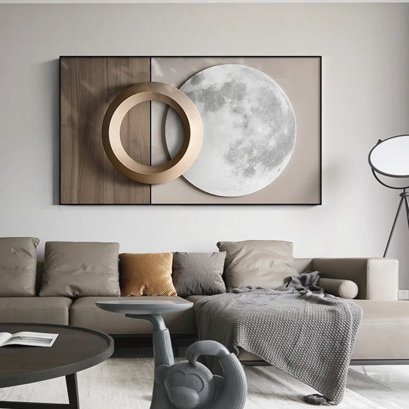 Moderno de luxo lua pintura da lona arte da parede abstrata geometria ouro cartazes e cópias para sala estar decoração casa sem moldura