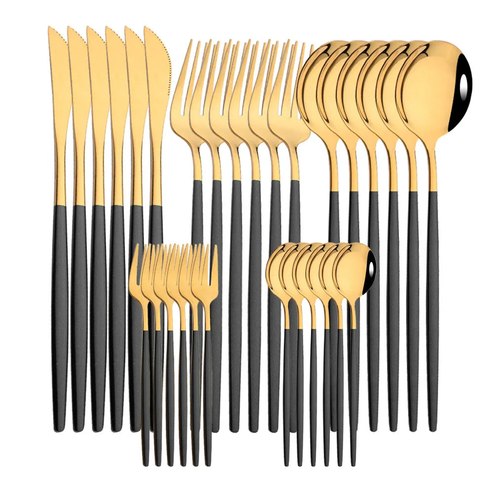 Louça de aço inoxidável, preto, ouro, faca, frutas, garfo, colher, talheres, utensílios de cozinha, talheres, jantar, 30pcs, conjunto