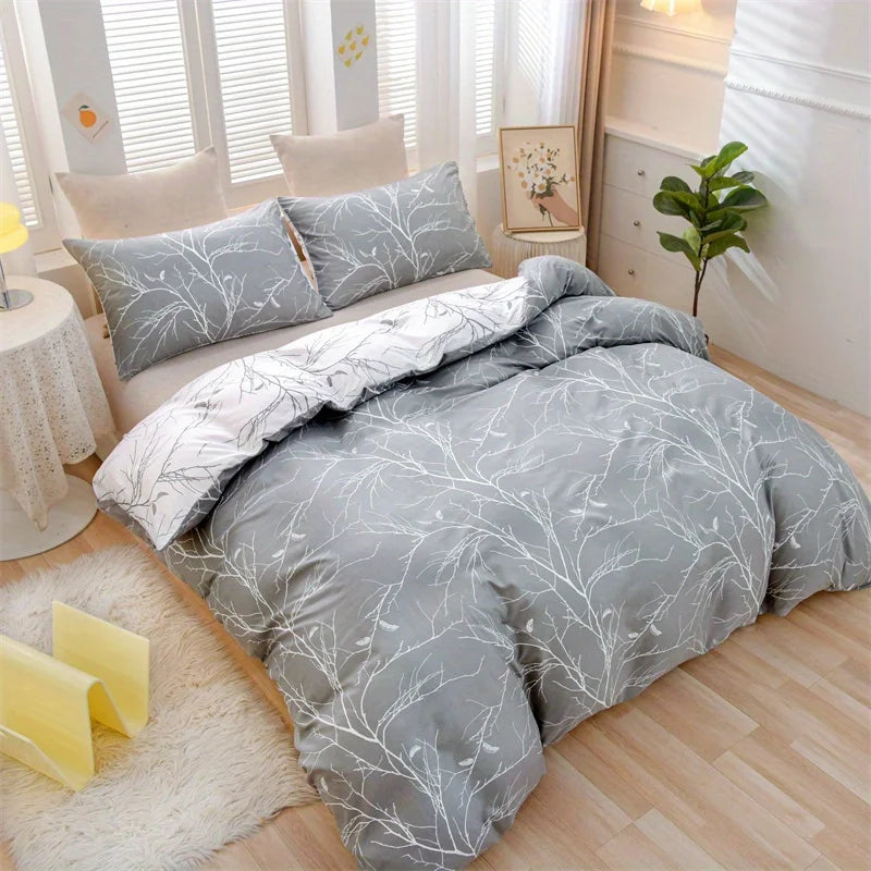 3 peças de cama com impressão geométrica botânica cinza e branca (1 capa de edredão + 2 fronhas) sem núcleo de travesseiro