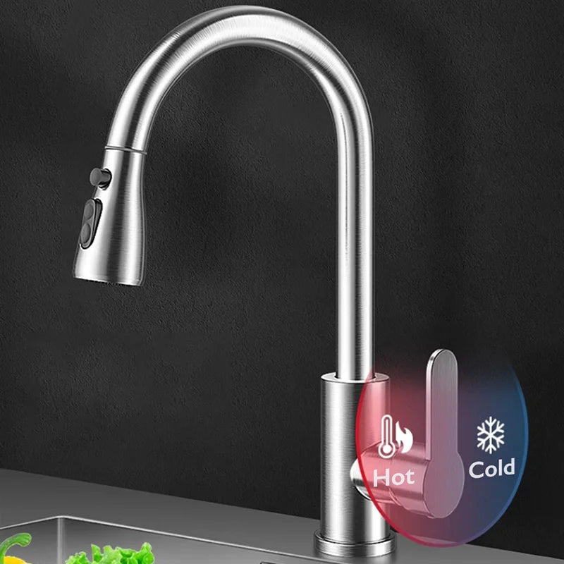 Torneira de pia de cozinha com cabeça de pulverizador, rotação 360, água quente e fria, prata, preto, pull-out, único furo