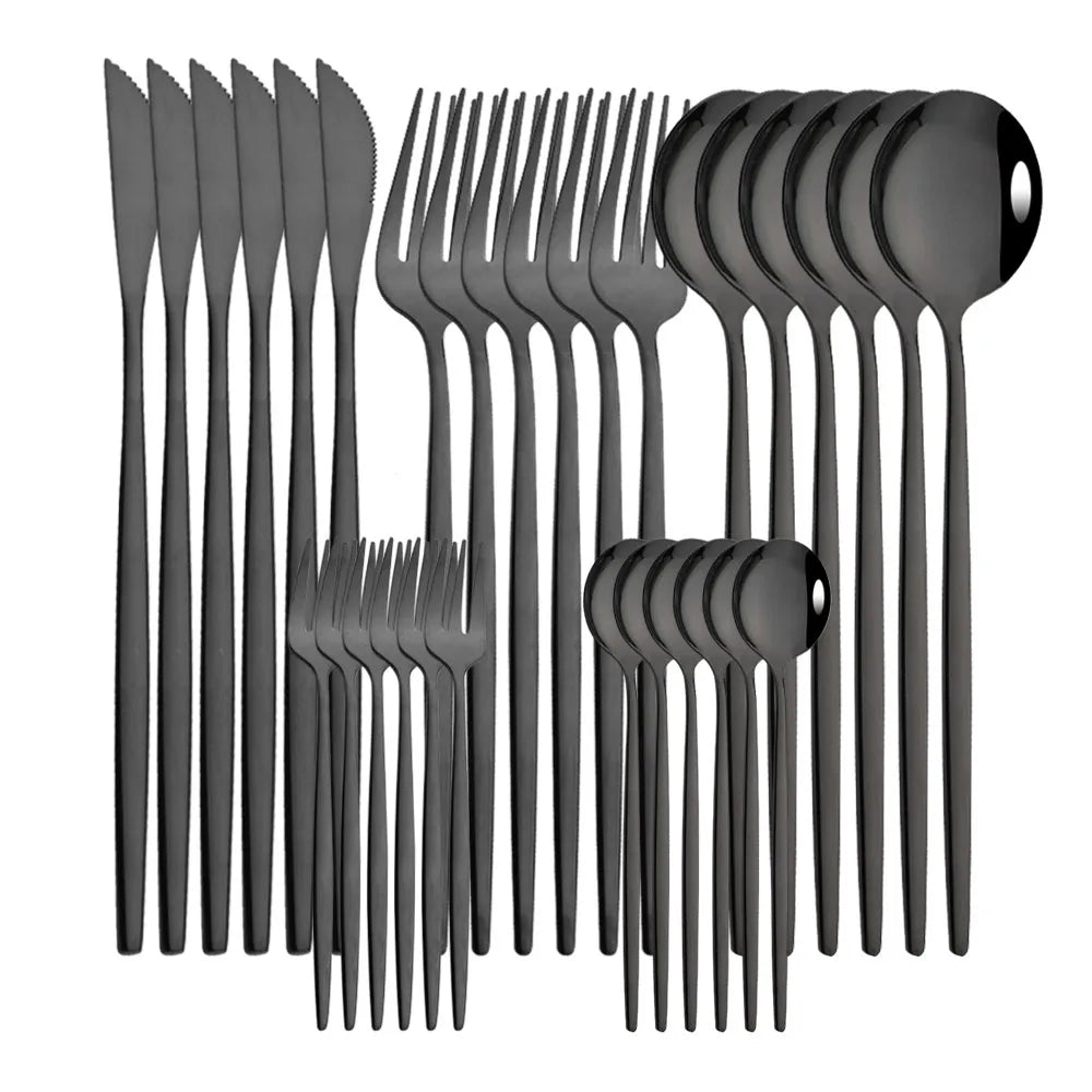Louça de aço inoxidável, preto, ouro, faca, frutas, garfo, colher, talheres, utensílios de cozinha, talheres, jantar, 30pcs, conjunto
