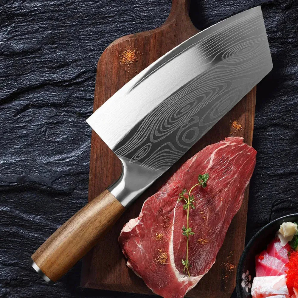 Aço inoxidável Carne Cleaver Slicing Faca, Laser Damasco Padrão, Cortar carne, Chef de cozinha, Faca de açougueiro, Cabo de madeira