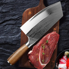 Aço inoxidável Carne Cleaver Slicing Faca, Laser Damasco Padrão, Cortar carne, Chef de cozinha, Faca de açougueiro, Cabo de madeira