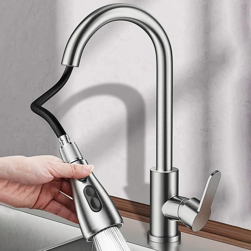 Torneira de pia de cozinha com cabeça de pulverizador, rotação 360, água quente e fria, prata, preto, pull-out, único furo