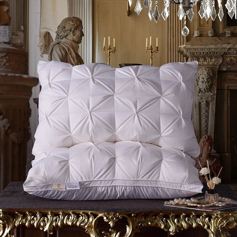 100% ganso para baixo penas recheado travesseiros, pinch plissado design, proteção do pescoço, cama de algodão puro, almofada para dormir