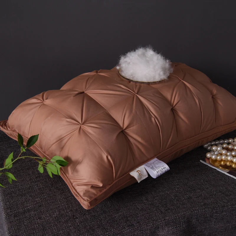 100% ganso para baixo penas recheado travesseiros, pinch plissado design, proteção do pescoço, cama de algodão puro, almofada para dormir