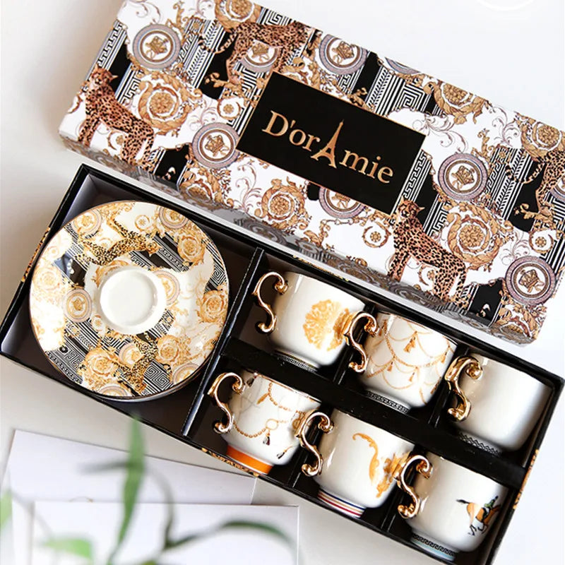 Vintage Luxury Porcelana Coffee Cup and Saucer Set, Copos Europeus, Presentes Housewarming De Casamento, Home Decor, Conjunto de 6, Caixa De Presente De Cerâmica