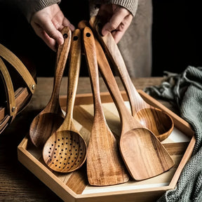 5PCS Thailand Teak Cooking Spoon Natural Wooden Kitchen Tableware Tool Ladle Turner Rice Colander Soup Skimmer Scoop Utensils