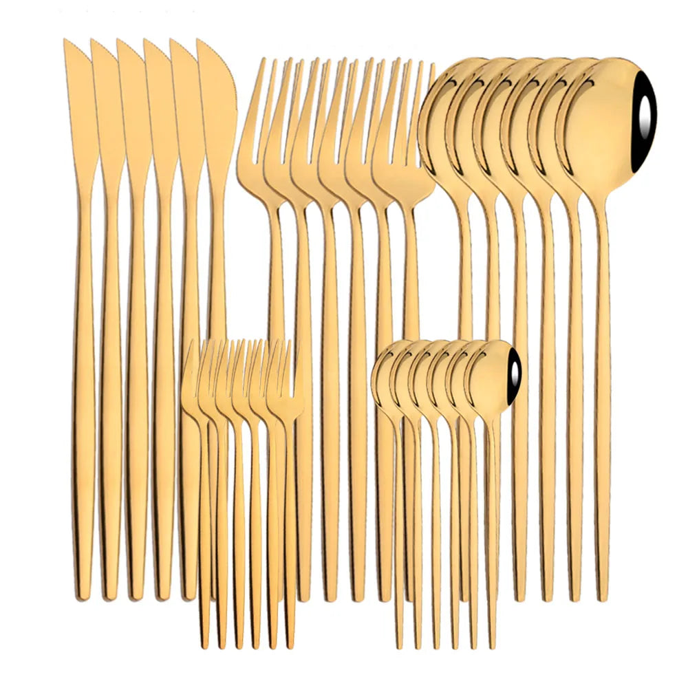 Louça de aço inoxidável, preto, ouro, faca, frutas, garfo, colher, talheres, utensílios de cozinha, talheres, jantar, 30pcs, conjunto
